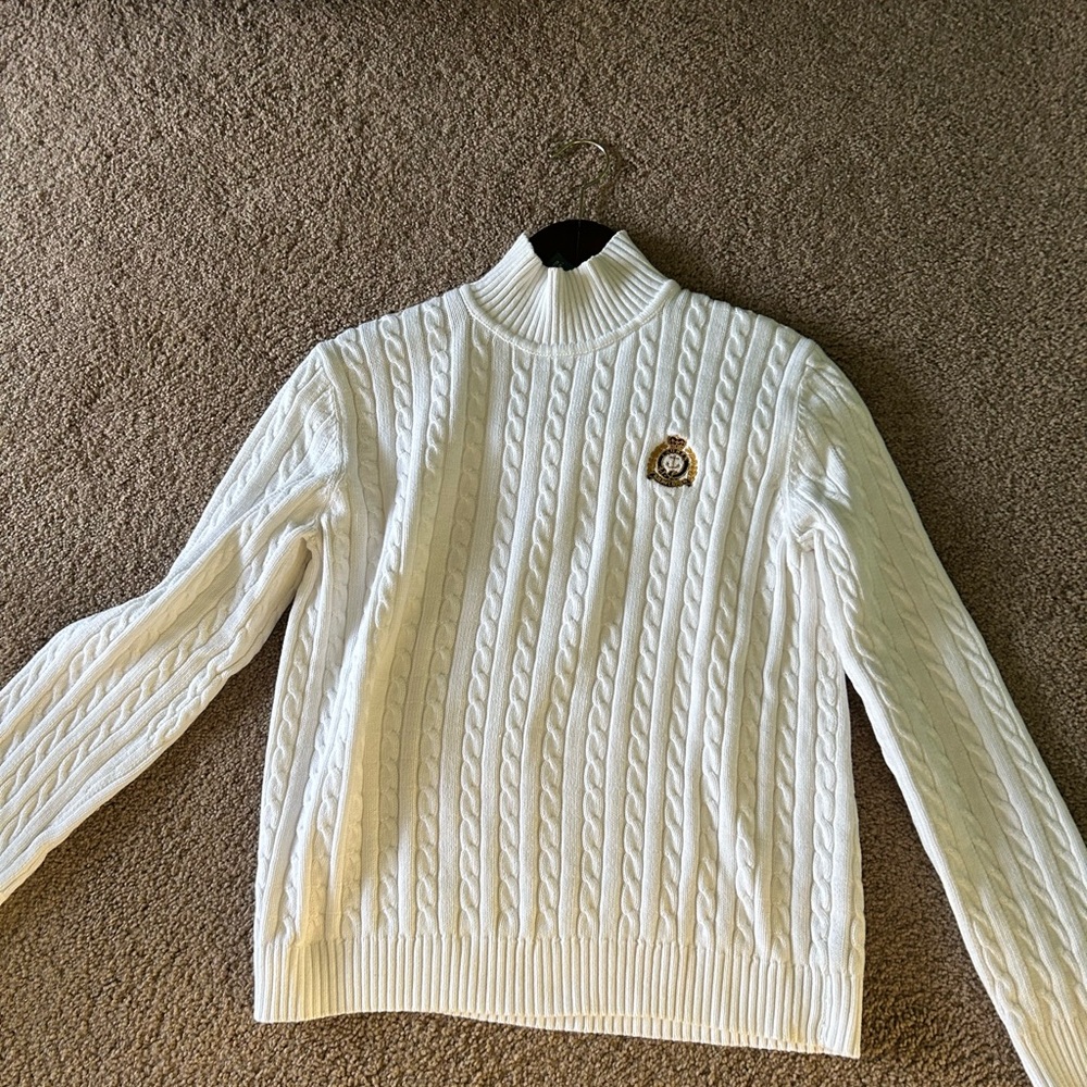 Ralph Lauren White Cable Knit Sweater with Embroidered Patch